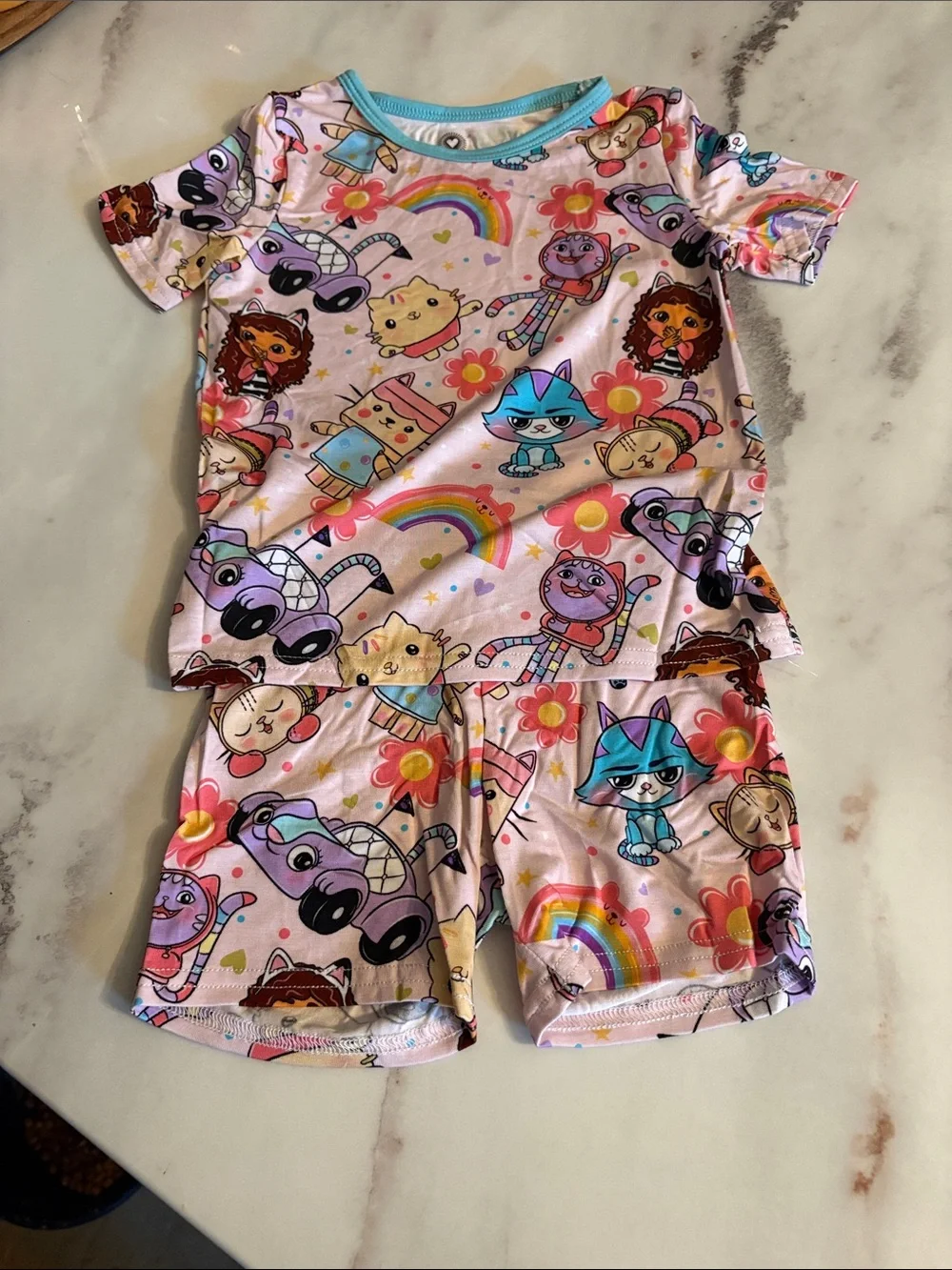 BAMBOO Pink Cartoon Animals & Rainbow Short Pajama Set
